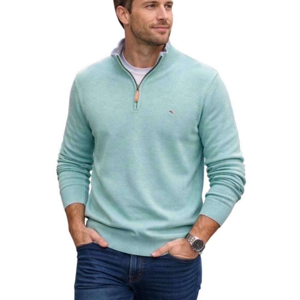 Vineyard Vines Men's XL Quarter Zip Cotton Sweater Mint Green Whale Logo